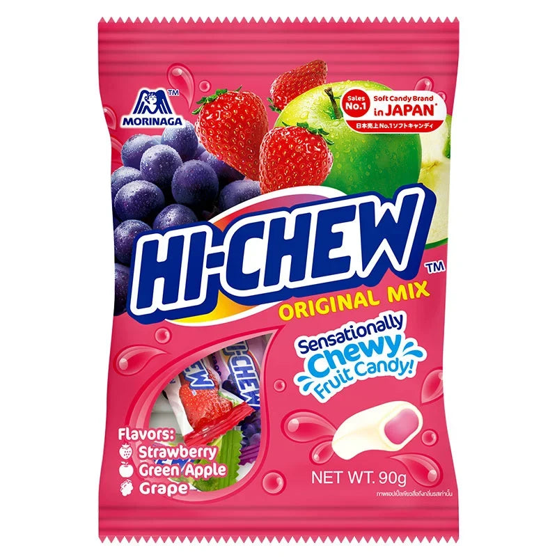 Morinaga Hi-Chew Mix 90g package of colorful fruit-flavored chewy candies from the dry grocery section.