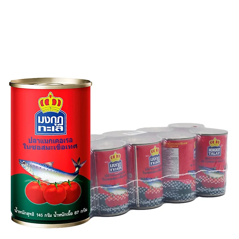 Canned Mongkut Talay mackerel in tomato sauce, 145g per can, displayed in a row, ideal for quick meals and seafood lovers.