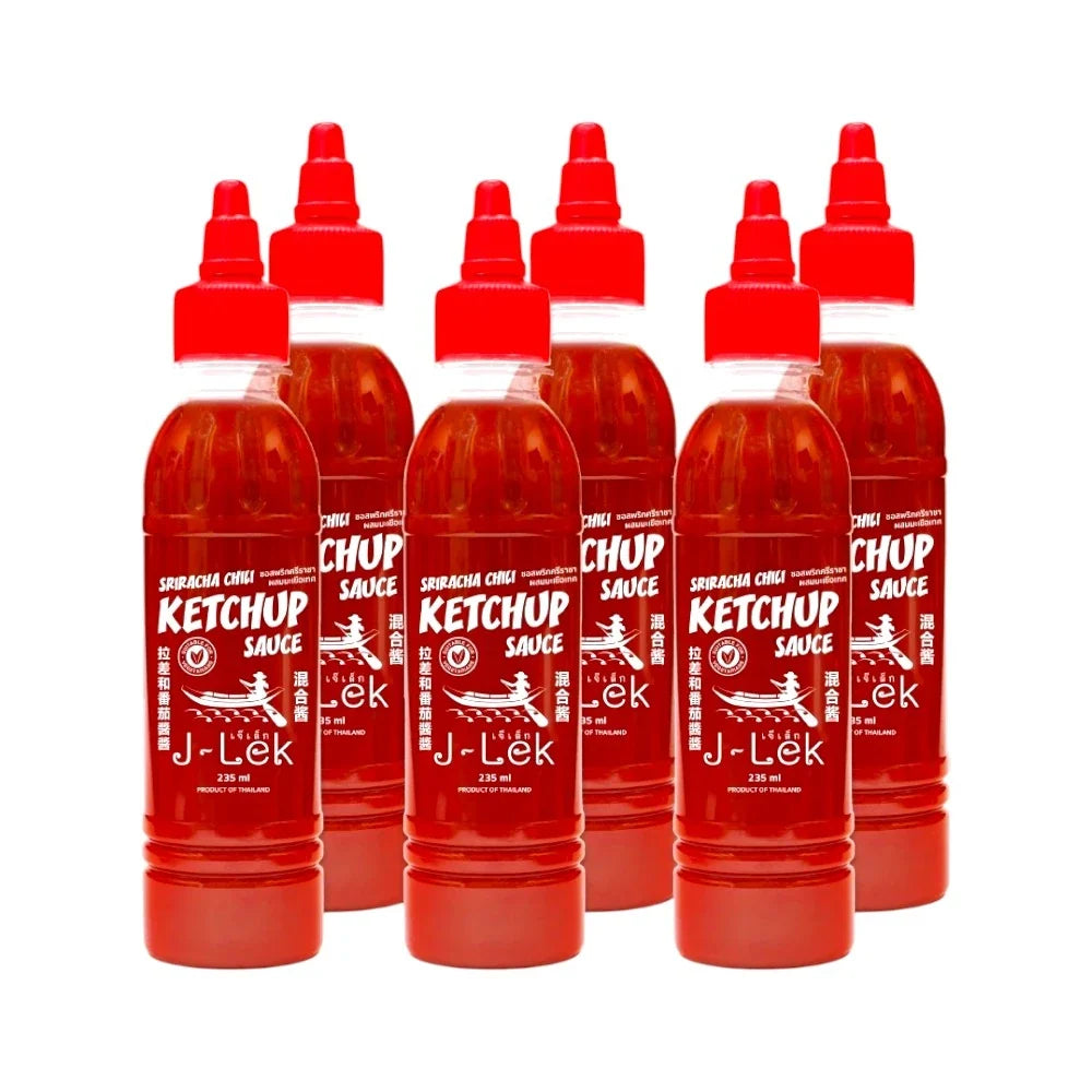 J-LEK Jay Lek Sriracha Chili Sauce mixed with tomatoes in a bottle, perfect for dry grocery use and flavorful dishes.