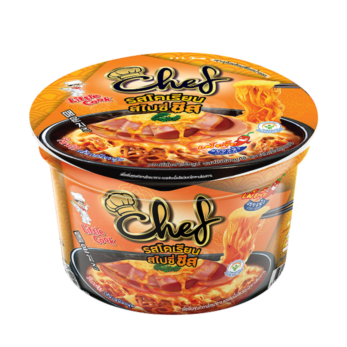 Little Cook Spicy Cheese Instant Noodles Chef Sukishi in a bowl with noodles, cheese, and spices on packaging background.