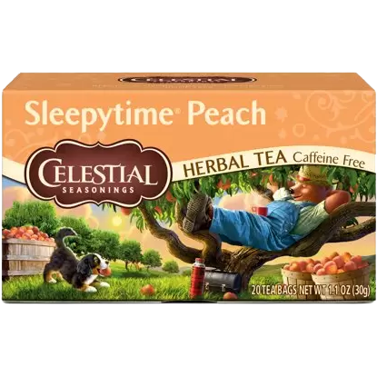 Celestial Seasonings Peach Herbal Tea caffeine-free drink in a clear glass cup with fresh peach slices and herbal tea leaves.