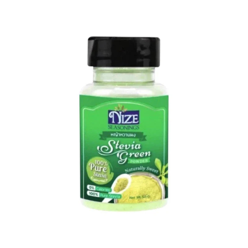 NIZE Stevia Powder Nice Seasoning in a clear container, highlighting its dry grocery packaging and natural sweetener appearance.