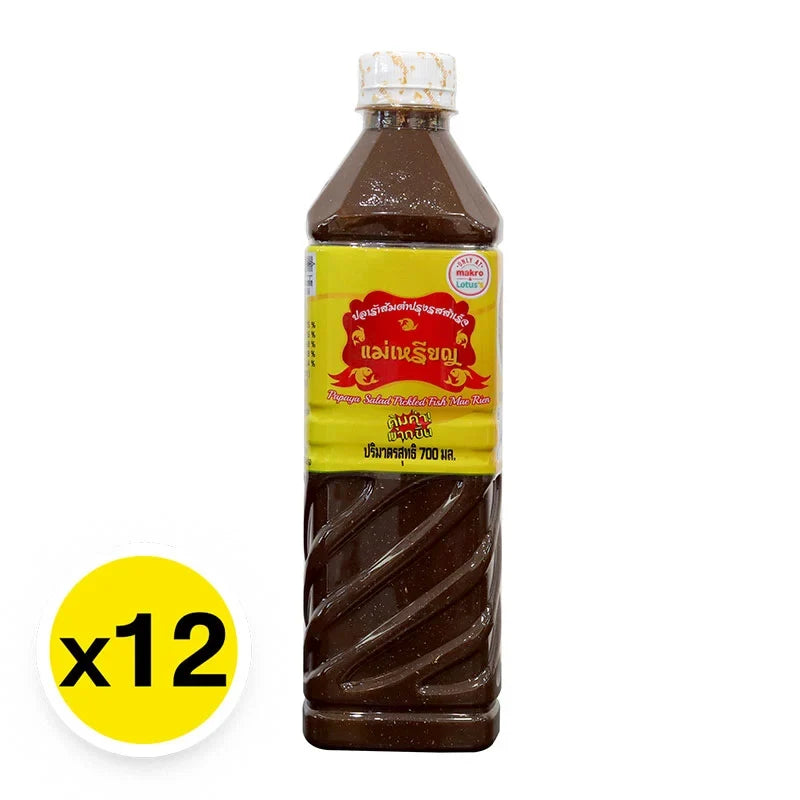 Maerien Fermented Fish Sauce 700ml bottle, traditional Asian condiment, displayed with multiple bottles in the dry grocery section.