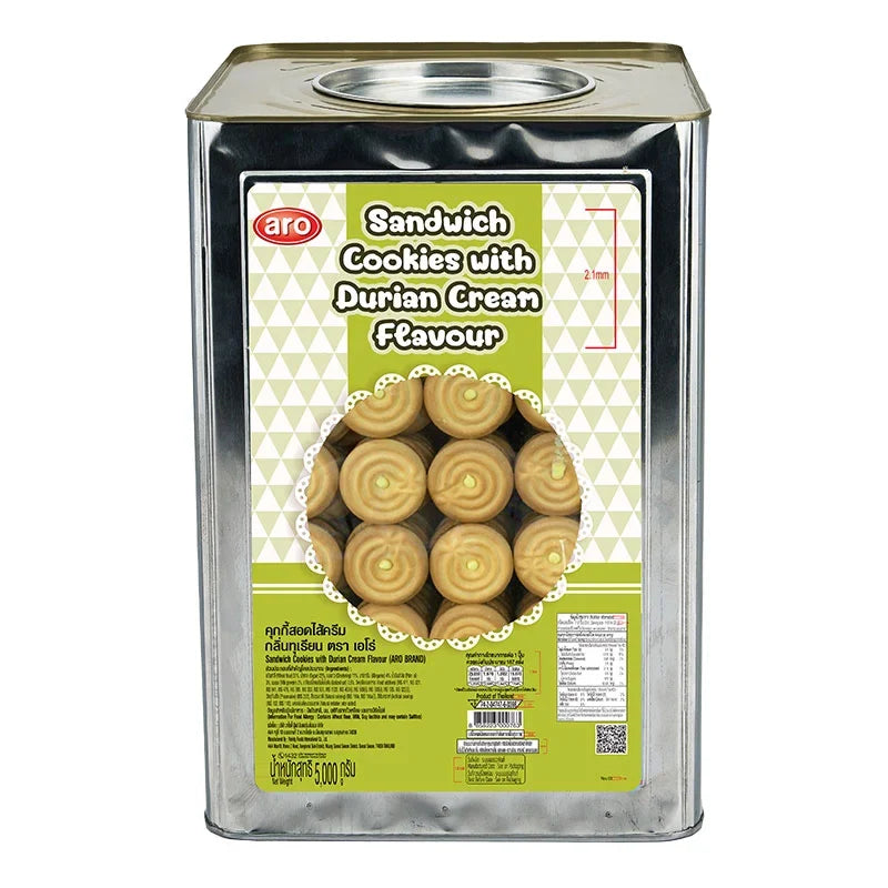 ARO Sandwich Cookies Durian Cream, 5kg, dry grocery snack with creamy durian filling and crispy biscuit layers.