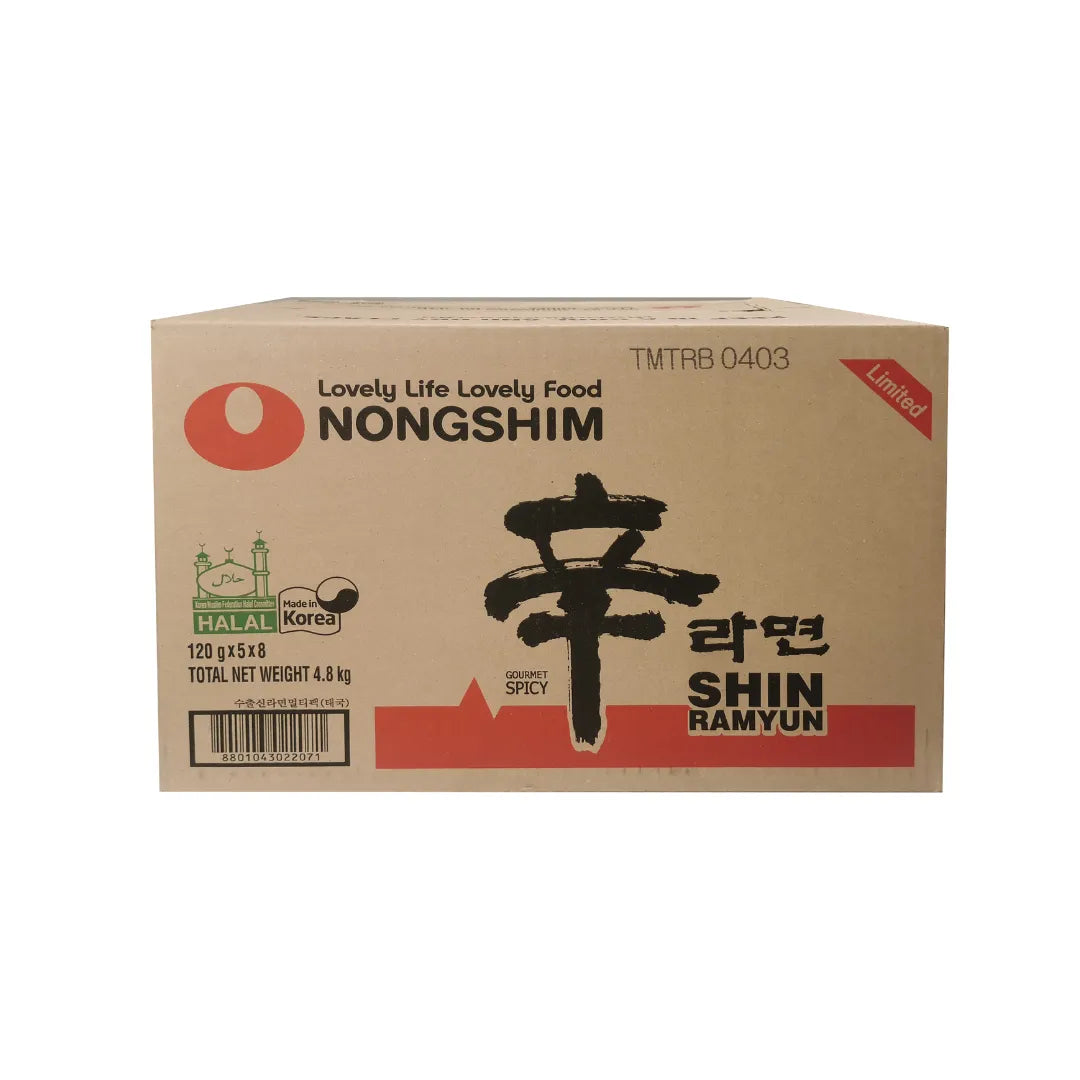 Nongshim Shin Ramyun dry noodle soup with spicy broth and dried vegetable toppings, packaged in a black and red instant noodle cup.