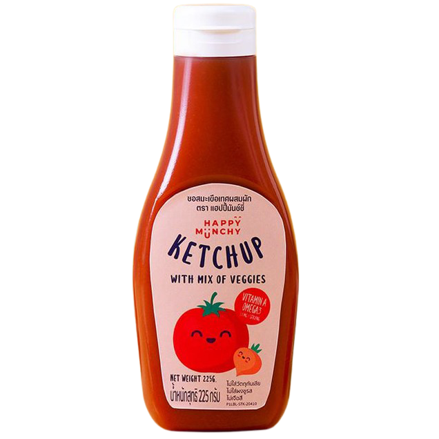 Little Munchy Happy Munchy ketchup with mixed vegetables in a squeeze bottle, suitable for kids' snacks and meals.