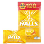 Halls Candy Honey Lemon lozenges in a clear plastic bag, featuring bright yellow and honey-colored candies for soothing relief.