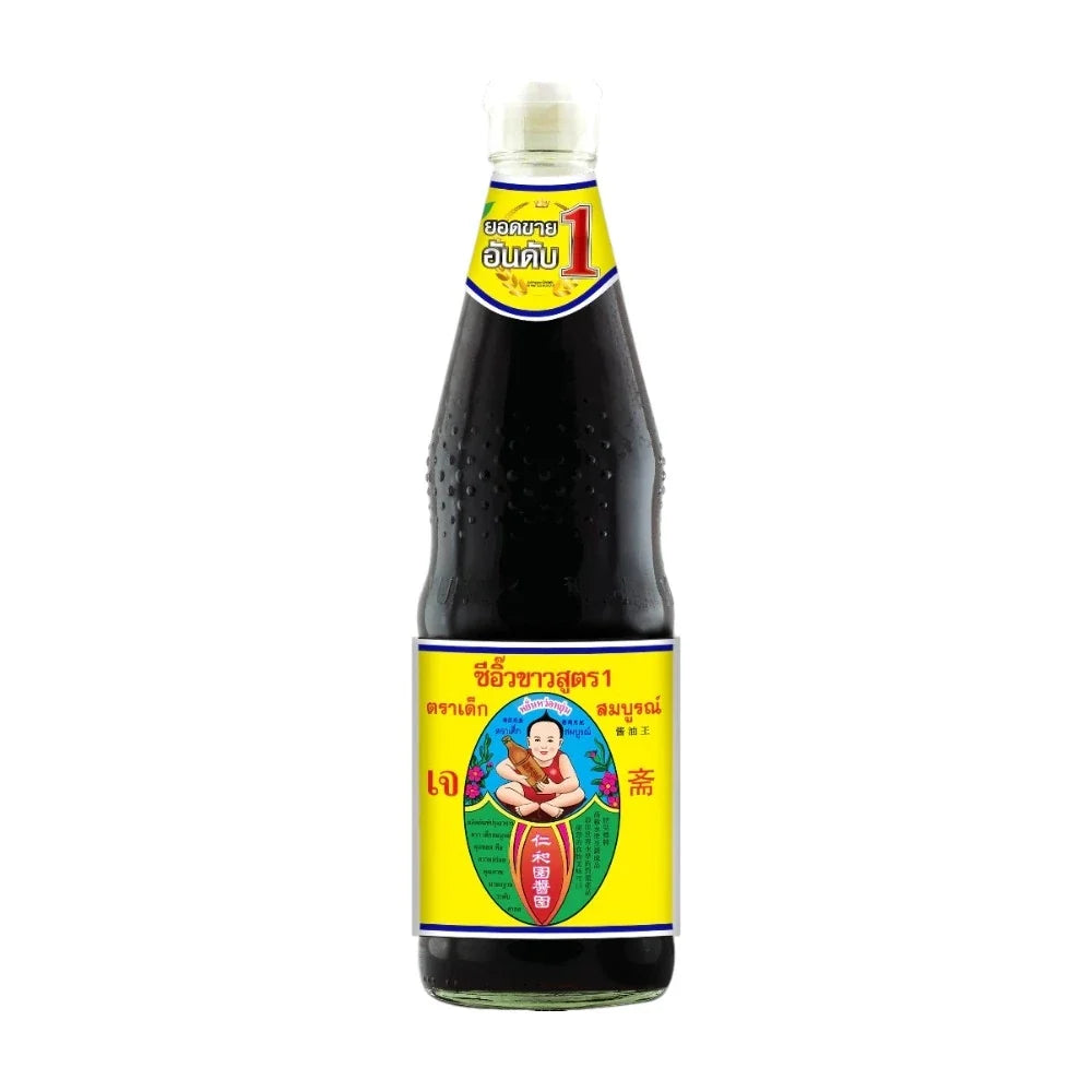 Deksomboon Thin Soy Sauce 700ml bottle, clear glass container with dark soy sauce, ideal for cooking and seasoning.