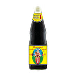 Deksomboon Thin Soy Sauce 700ml bottle, clear glass container with dark soy sauce, ideal for cooking and seasoning.