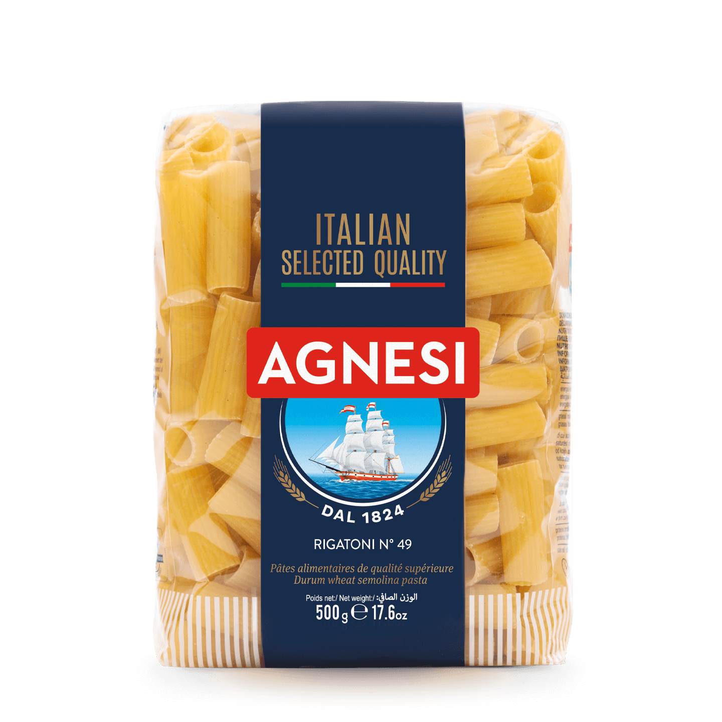 Agnesi Rigatoni #49 pasta in a grocery package, showing the short, ridged Italian pasta shape.