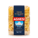 Agnesi Rigatoni #49 pasta in a grocery package, showing the short, ridged Italian pasta shape.