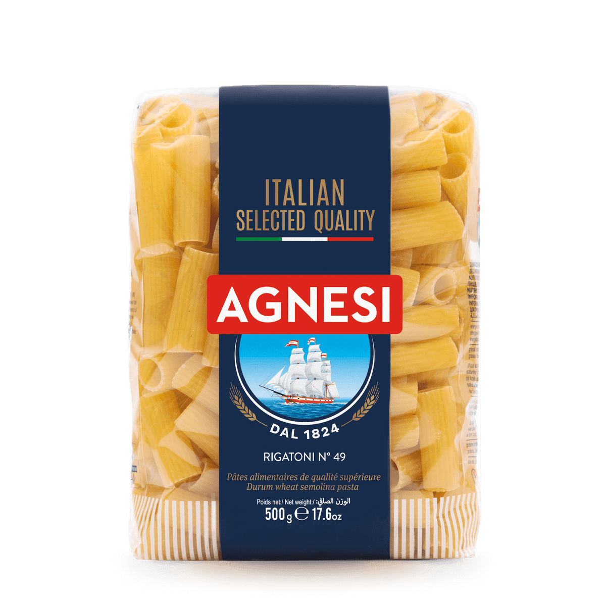 Agnesi Rigatoni #49 pasta in a grocery package, showing the short, ridged Italian pasta shape.