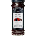 Jar of St. Dalfour Four Fruit preserves with visible fruit pieces and label, showcasing a natural fruit spread.