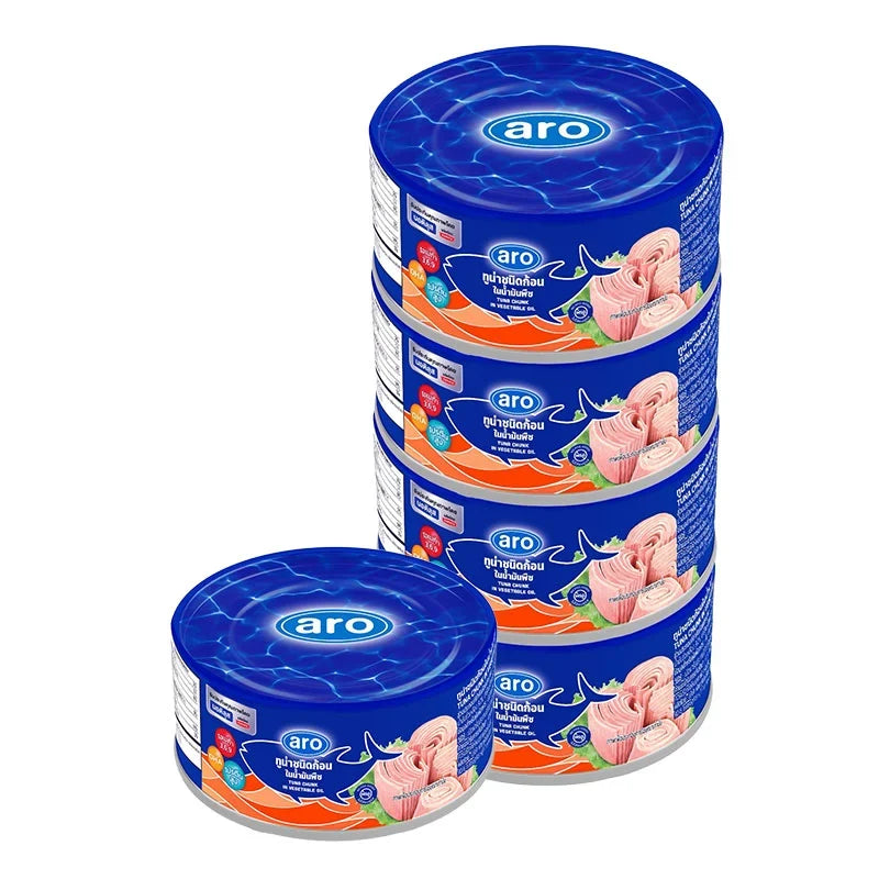 Cans of ARO XNAUTILUS Tuna Chunk in Oil, 165g each, stacked in a grocery display, showing the product label and packaging.