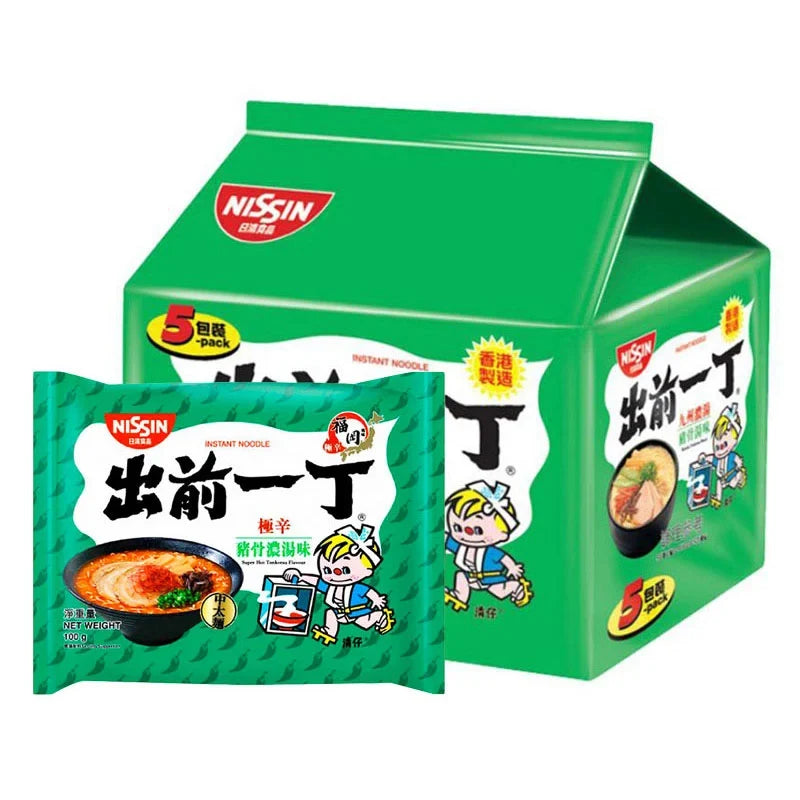 Nissin Ramen Tonkotsu dry grocery package with 100g of instant noodle soup in a black and white design.