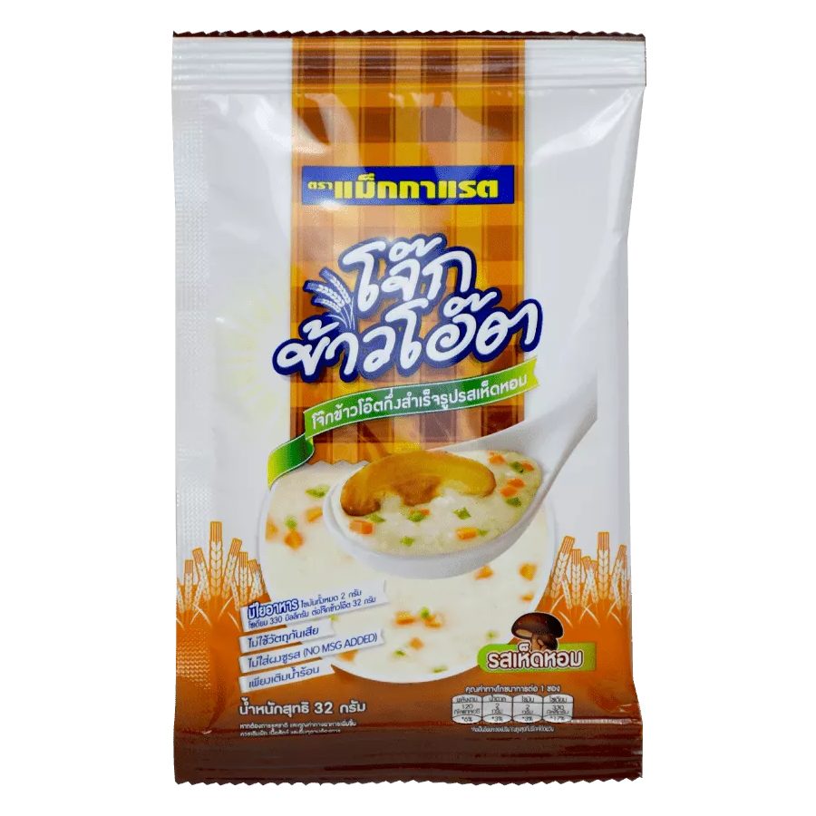 McGarrett Instant Oats Mushroom pack with a bowl of prepared oats and mushrooms, showcasing the breakfast product in a grocery setting.