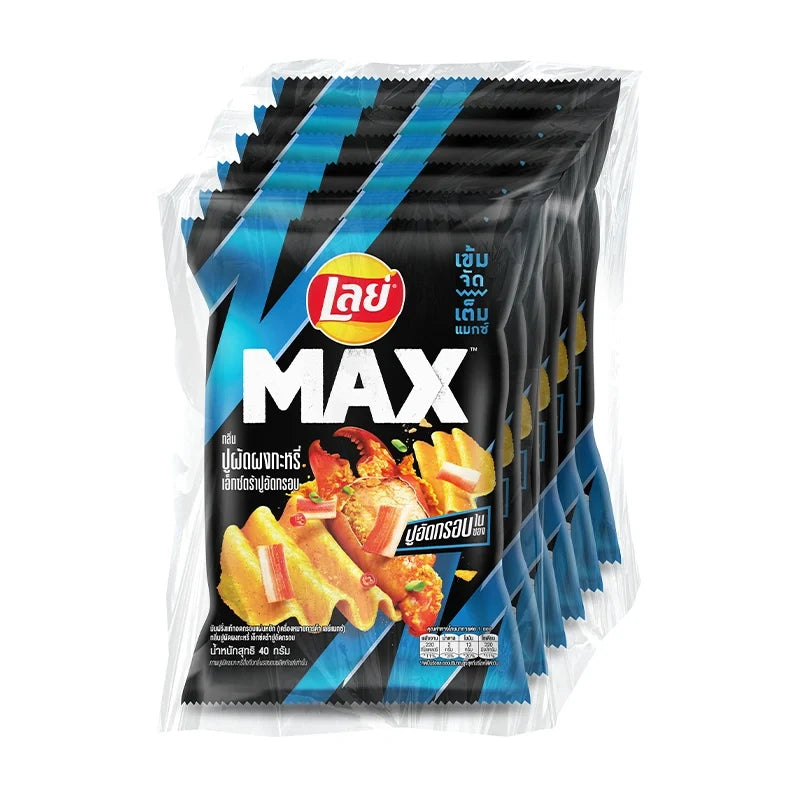 Lay's Max Crab Curry Snack Sticks, 40g x6, crispy seafood-flavored confectionery snack in colorful packaging