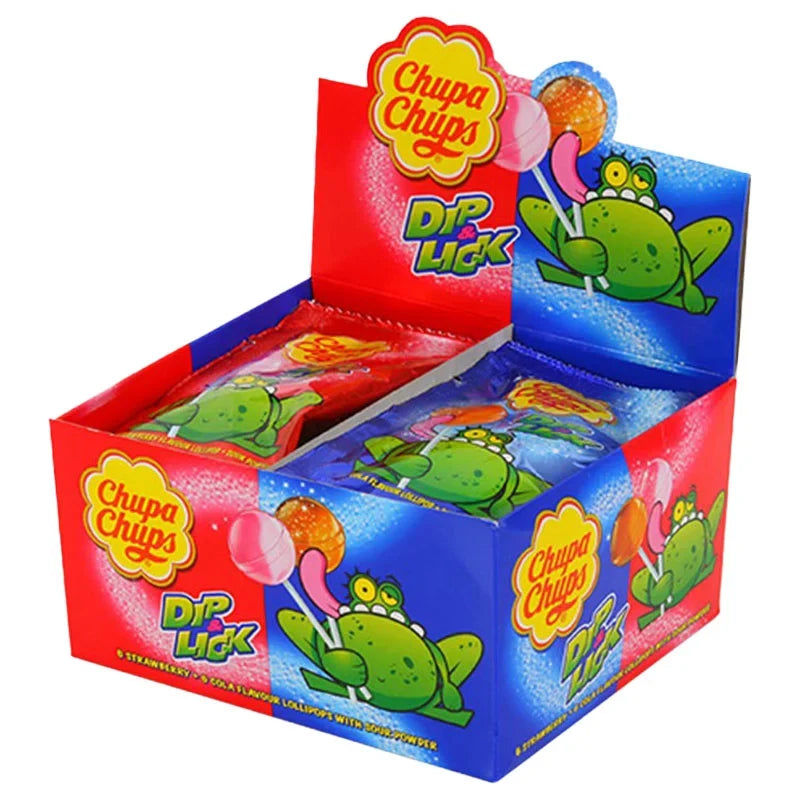 Chupa Chups Dip & Lick Strawberry Cola flavor lollipops, 9g each, in a pack of 12, from the confectionery snack collection.