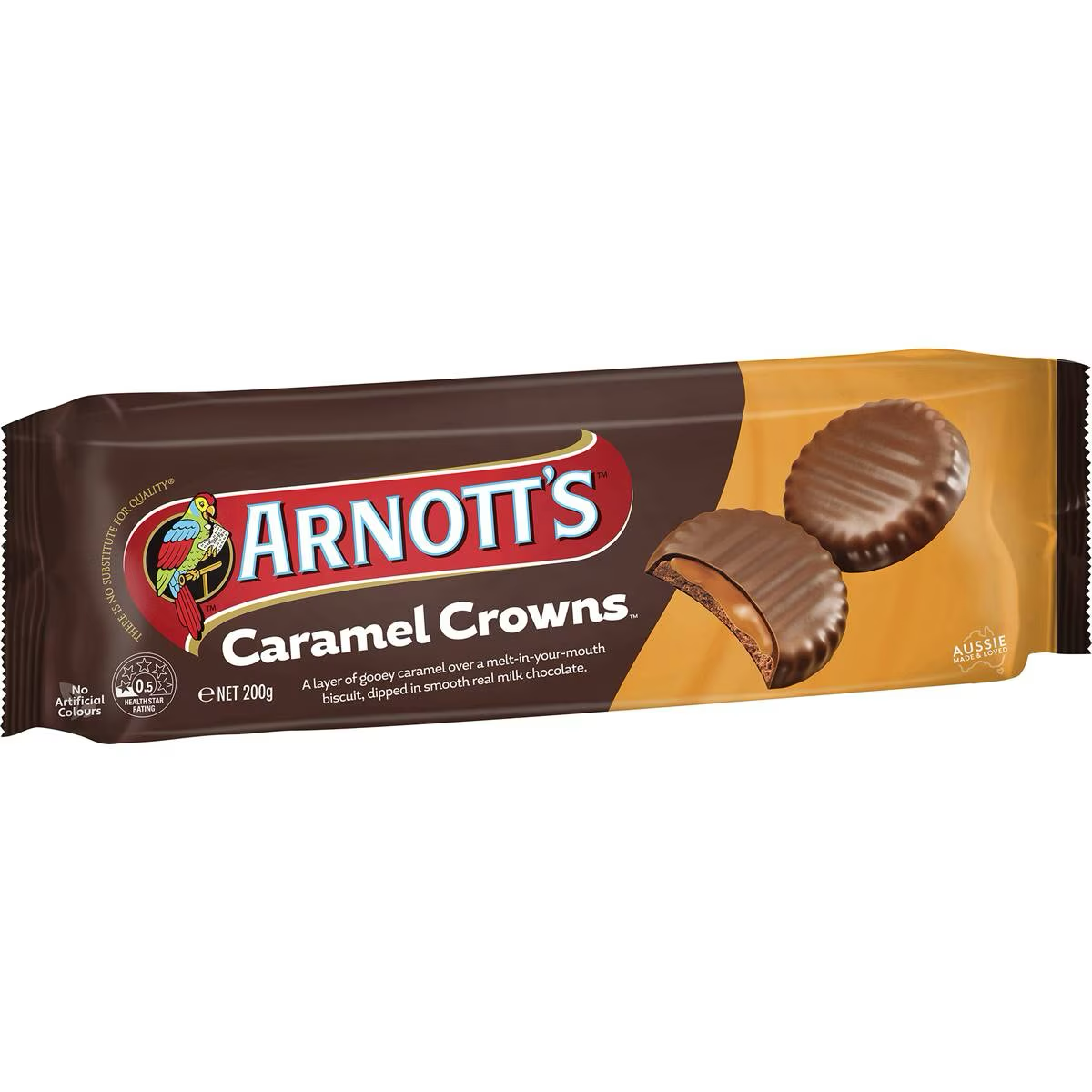 Arnott's Chocolate Caramel Crowns confectionery snacks with chocolate coating and caramel filling, displayed on a plate.