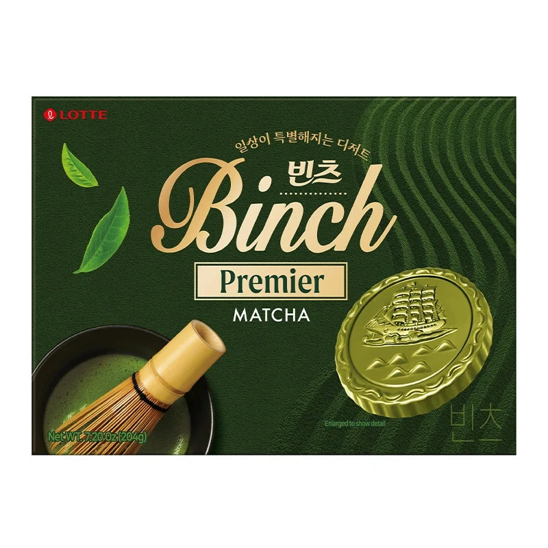 Lotte Binch Biscuit Matcha snack confections in a 204g package, featuring green matcha-flavored biscuits and confections.