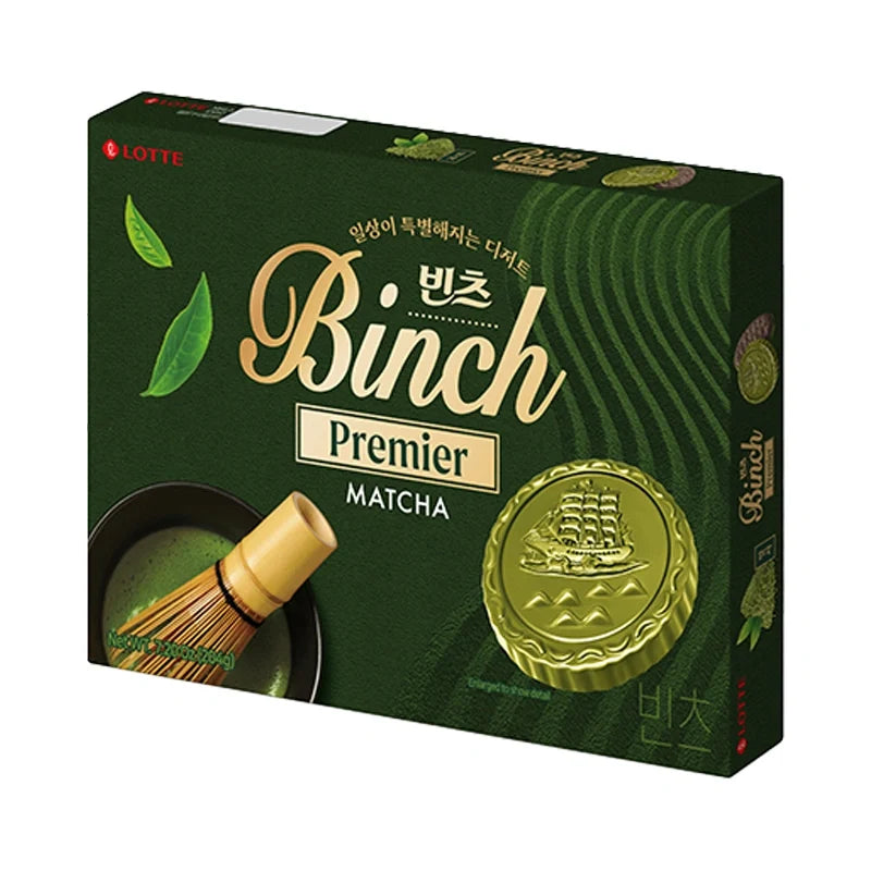 Lotte Binch Biscuit Matcha snack box showing green matcha-flavored biscuits stacked in a clear package.