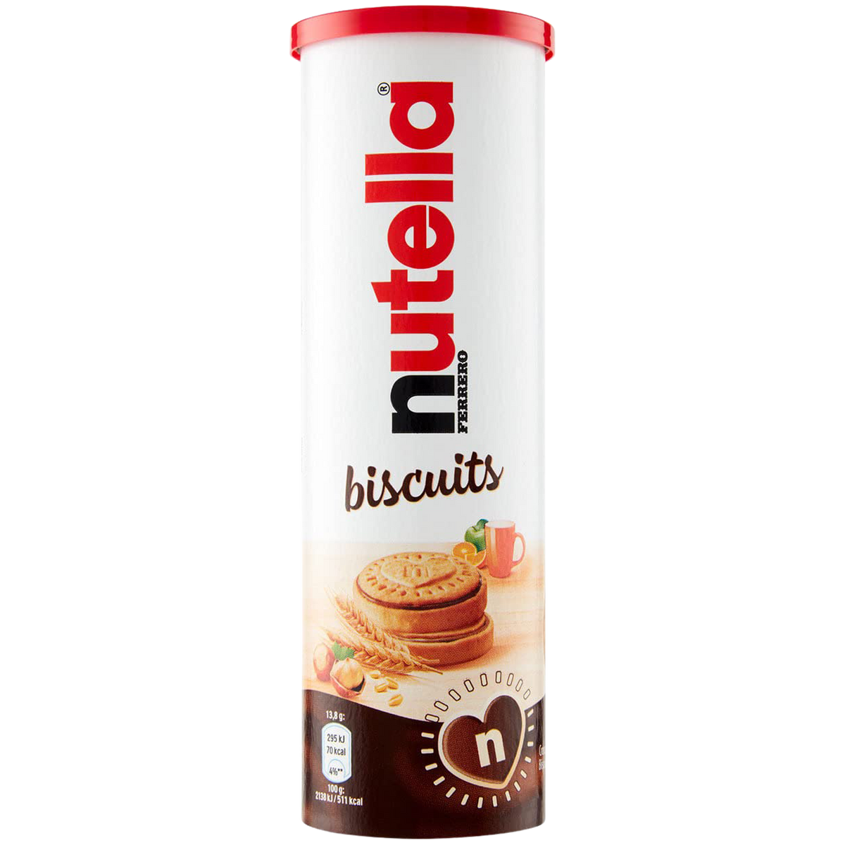 Nutella biscuits tube, a confectionery snack with chocolate-flavored biscuits in a colorful tube packaging.