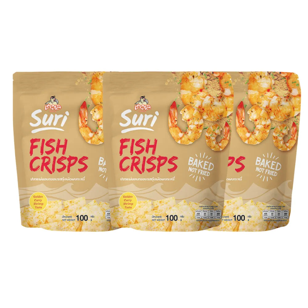 Chaolay Fish Crisps snacks in a 100g pack, shown in a bundle of three, crispy seafood snack from CHAOLAY.