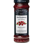 Jar of St. Dalfour Raspberry Grocery jam with fresh raspberries and a clear label, showcasing the vibrant red berry spread.