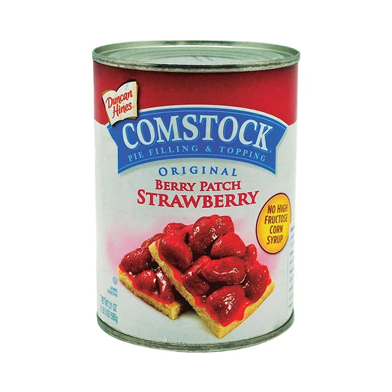 Comstock Strawberry Pie 21 oz box of dry grocery product featuring a fresh strawberry pie with a golden crust and vibrant fruit filling