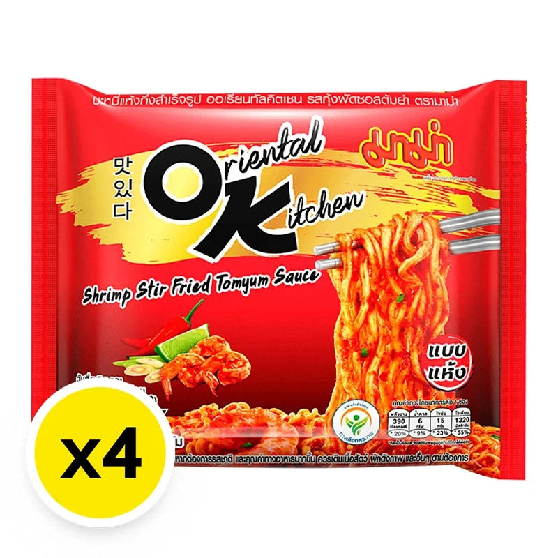 Mama Ok Shrimp Tom Yum Sauce 85g, four-pack, Thai-style dry grocery sauce with shrimp flavor in a clear plastic container.