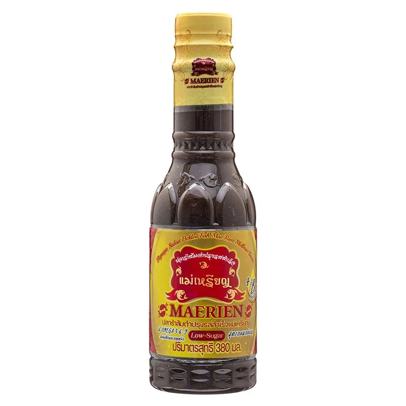 Maerien Fermented Fish Sauce PM 380ml bottle, Asian cooking ingredient, in clear glass bottle with label.