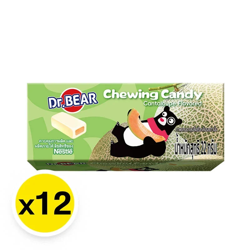 DR.BEAR fruity cantaloupe soft candy pack showing colorful candies in a transparent wrapper, 22g x12 snack pack.