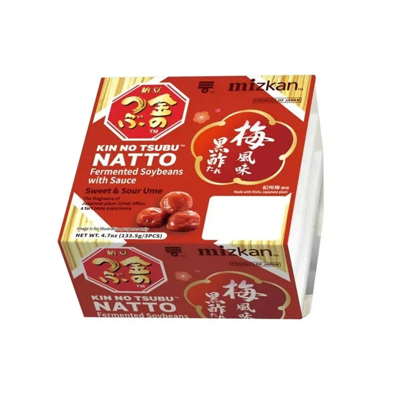 Kin No Tsubu Ume Natto dry grocery pack with three 44.5g containers of fermented soybeans and plum flavor.