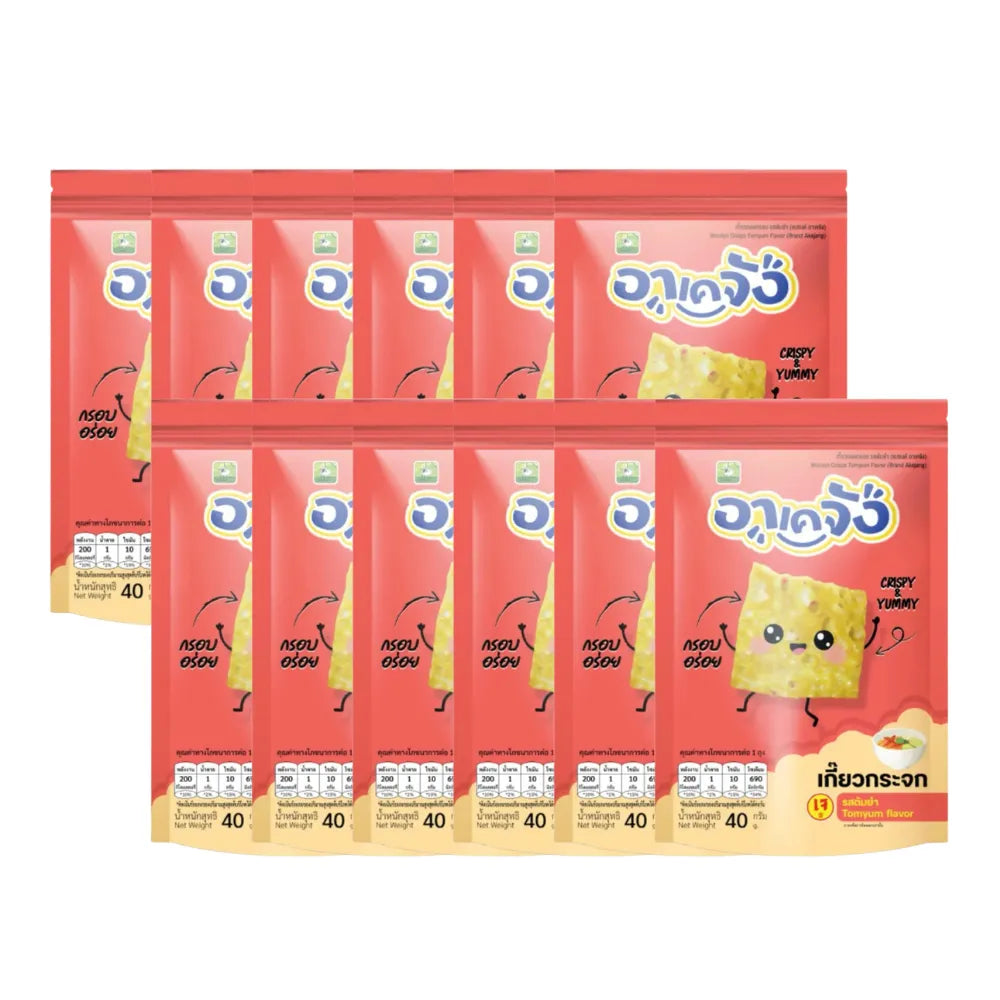Akejang Glass Dumplings Crispy Snacks in Tom Yum Flavor, 40g, featuring golden, crunchy dumplings with vibrant Tom Yum seasoning.