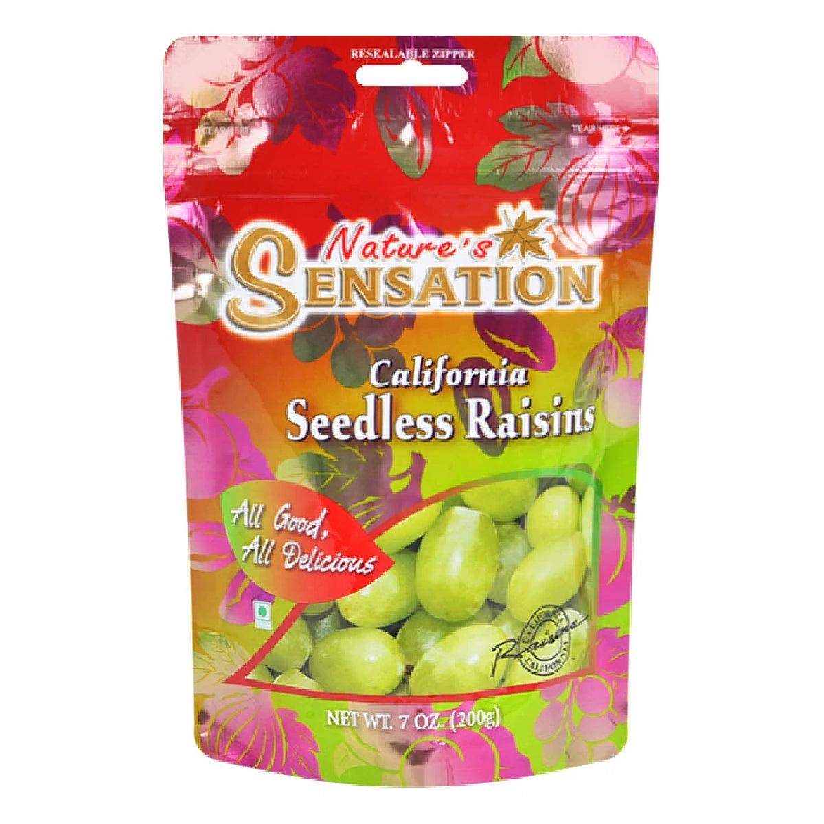 Nature's Sensation California seedless raisins, a natural confectionery snack in a close-up image showing glossy, plump raisins.