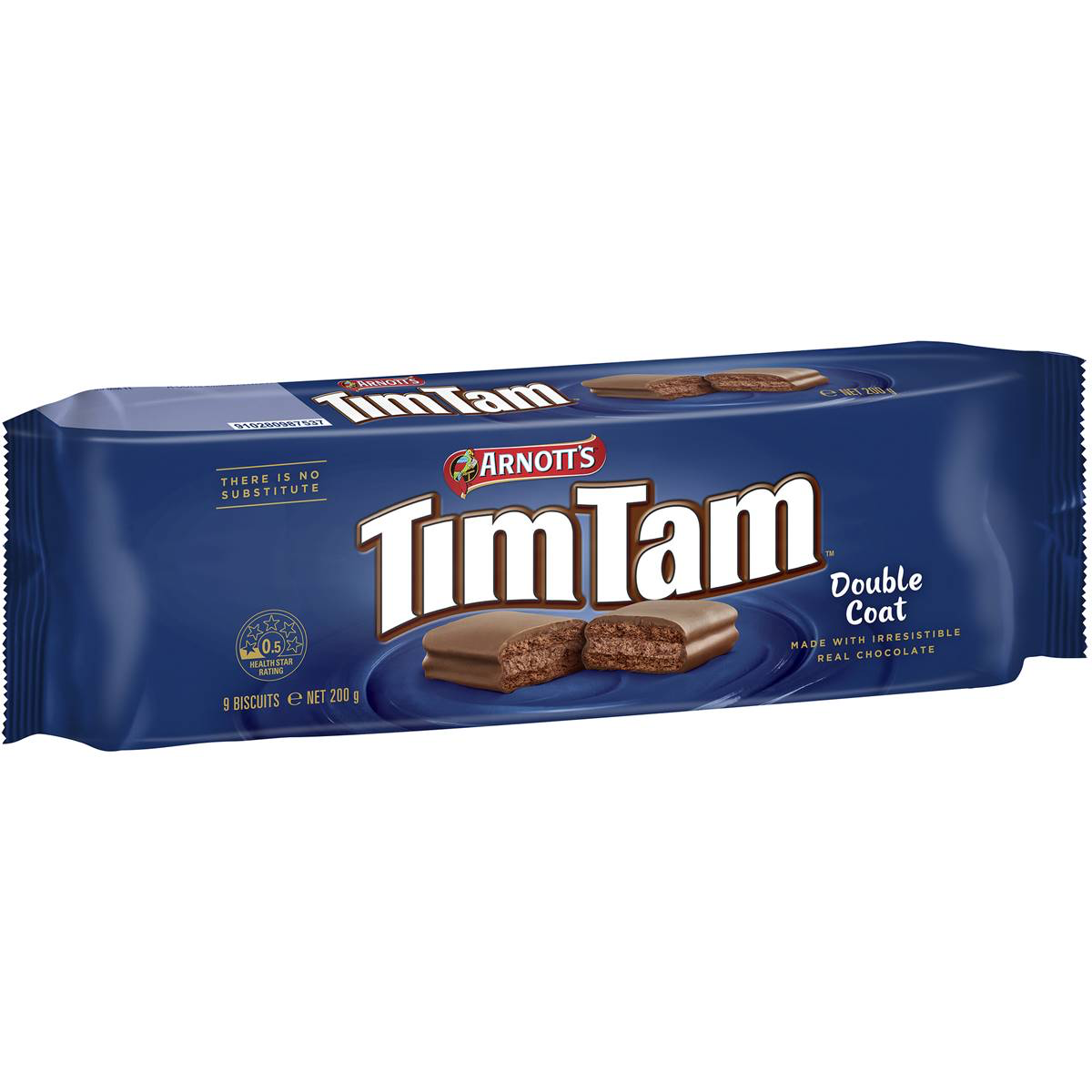 Arnott's Tim Tam Double Coat Chocolate Biscuits, chocolate-covered confectionery snacks with a creamy filling, shown in a close-up image.