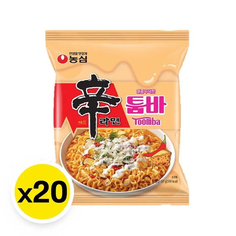 NONGSHIM Toomba spicy and creamy instant noodles in a 137g package, shown in a dry grocery setting.