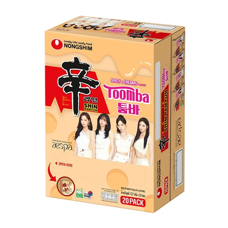 Nongshim Toomba spicy and creamy instant noodles in 137g package, shown in a dry grocery product image.