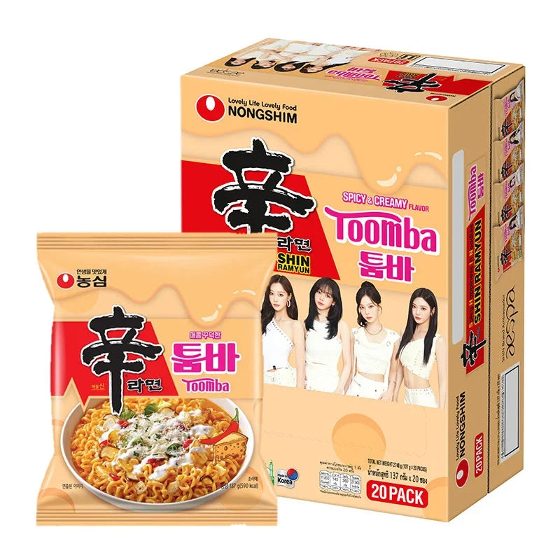 Nongshim Toomba spicy and creamy instant noodles in 137g dry grocery pack, showcasing the noodle cups with vibrant packaging.