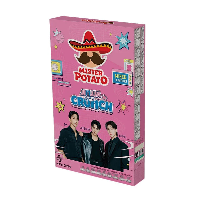 Mister Potato Crisps Giant Pink Box 630g featuring colorful, crinkle-cut potato snacks in vibrant pink packaging.