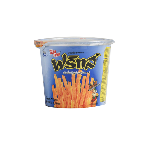 Kob Kob Frites Potato Stick snacks with French Chilli flavor, crispy confectionery snack in a colorful package.