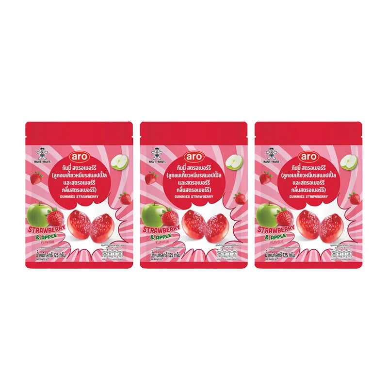 ARO Gummy Strawberry snacks in a 125g package, three packs of colorful, fruit-flavored gummy candies from the dry grocery and confectionery range.
