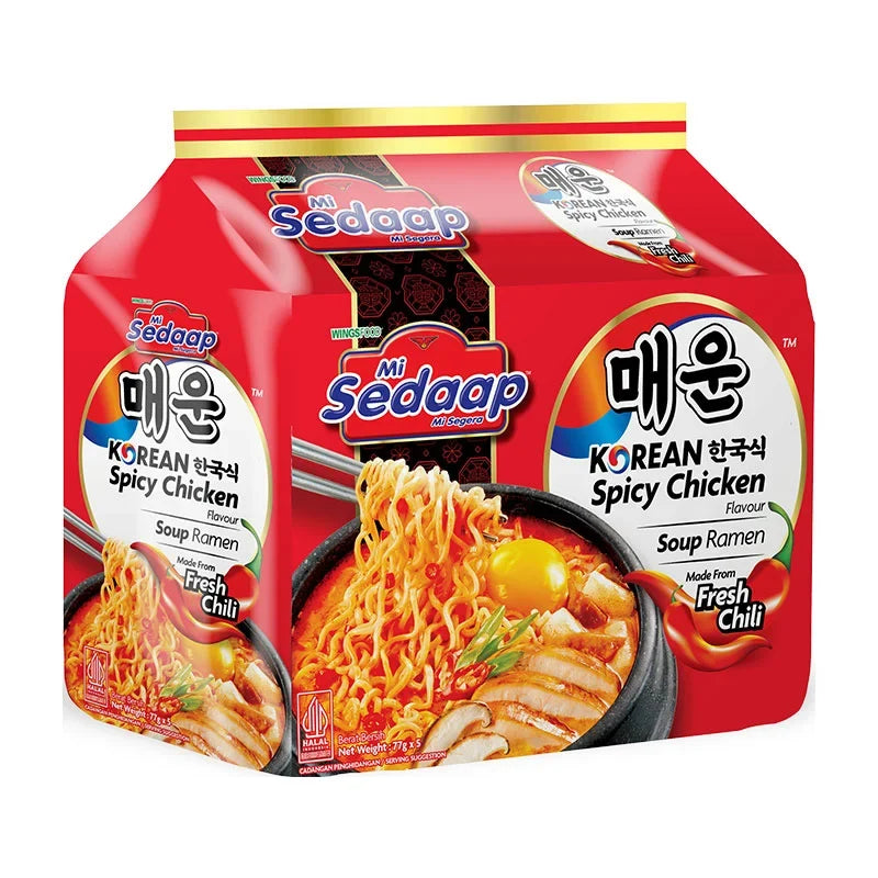 MI Sedaap Korean Spicy Chicken Soup Ramen 77g, pack of 5, dry grocery instant noodle with spicy chicken flavor.