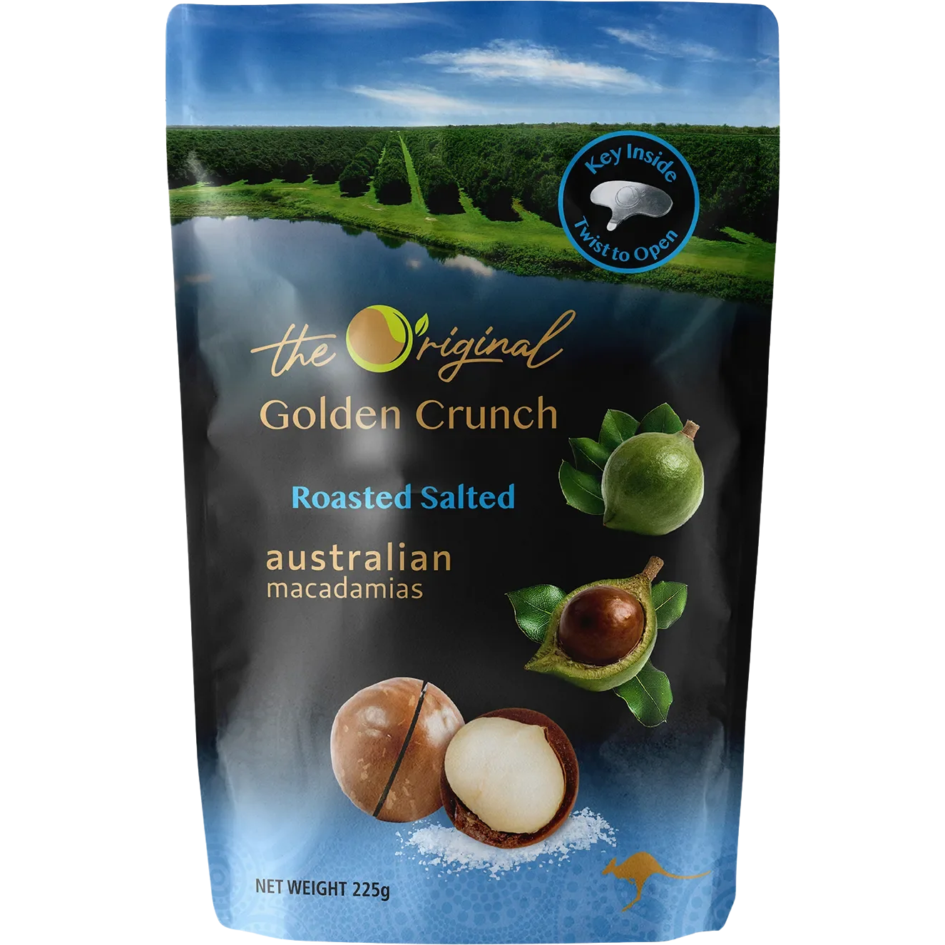 Golden roasted salted macadamias from The Original, a crunchy confectionery snack with a golden-brown appearance and salted finish.