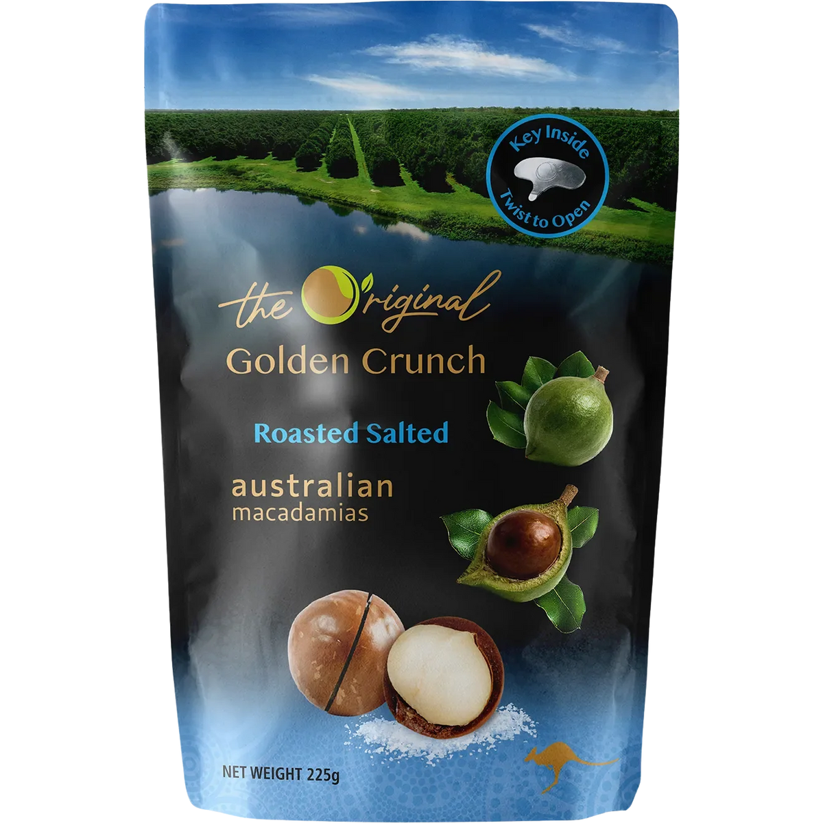Golden roasted salted macadamias from The Original, a crunchy confectionery snack with a golden-brown appearance and salted finish.