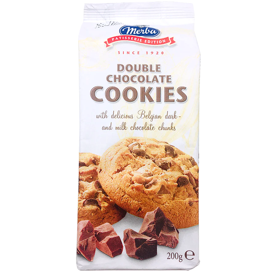 Merba Double Chocolate Cookies, delicious confectionery snacks with rich chocolate flavor, shown on a white background