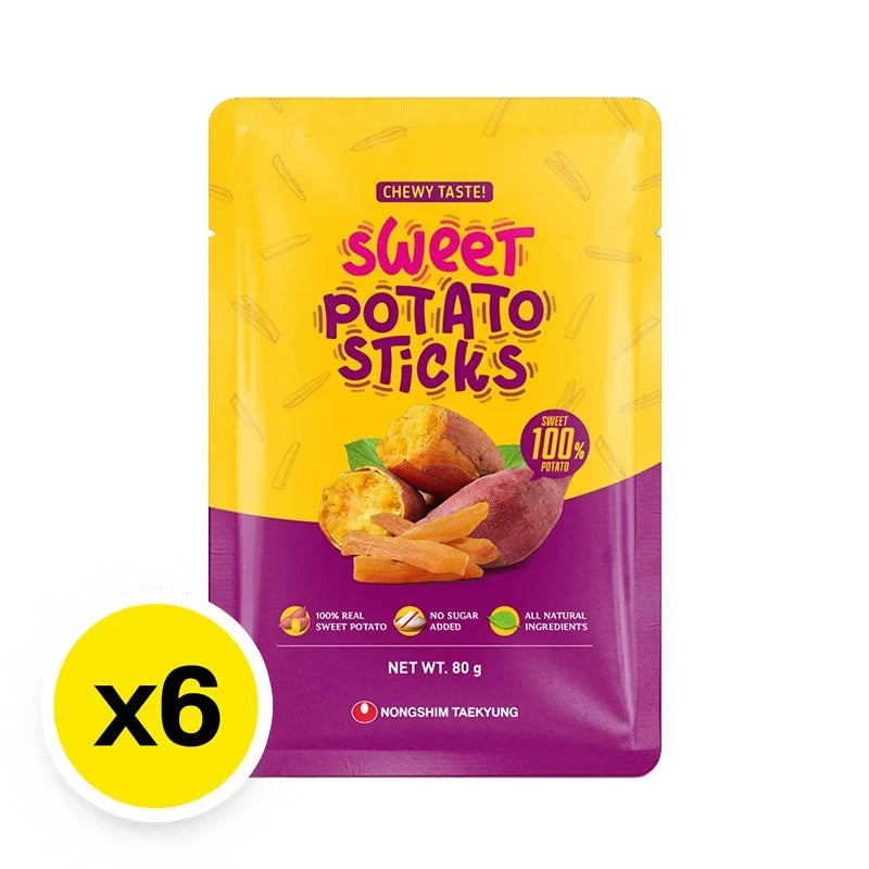 Nongshim Sweet Potato Sticks snack pack, 80g x6, crispy dried sweet potato snack from Nongshim in colorful packaging.