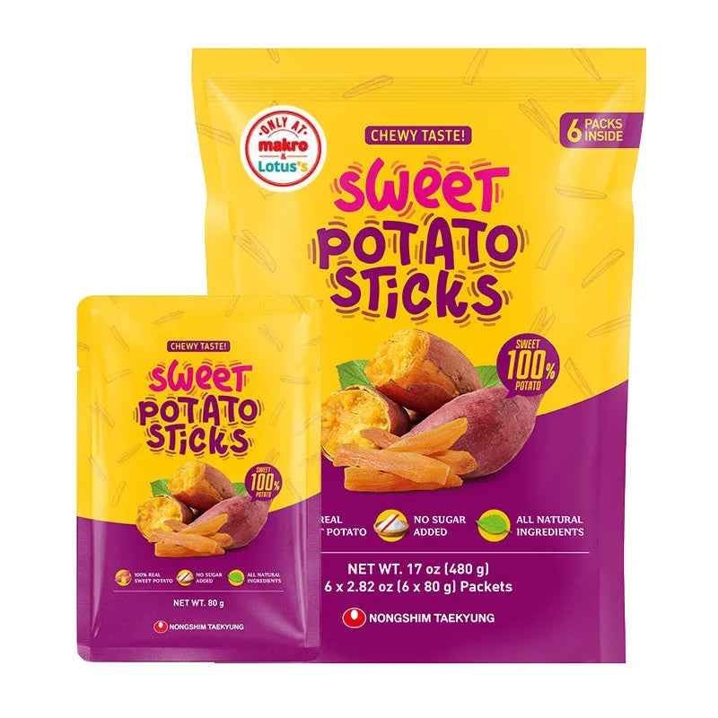 Nongshim Sweet Potato Sticks snack box with six 80g packs, crispy dry grocery confectionery snack from Nongshim.