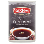 Baxters Luxury Beef Consomme Soup in a bowl, clear broth with beef and vegetables, served in a white dish.