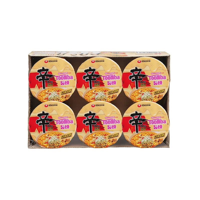 Nongshim Toomba instant noodle cup, spicy and creamy flavor, 113g, shown in a six-pack package with noodles and seasoning.